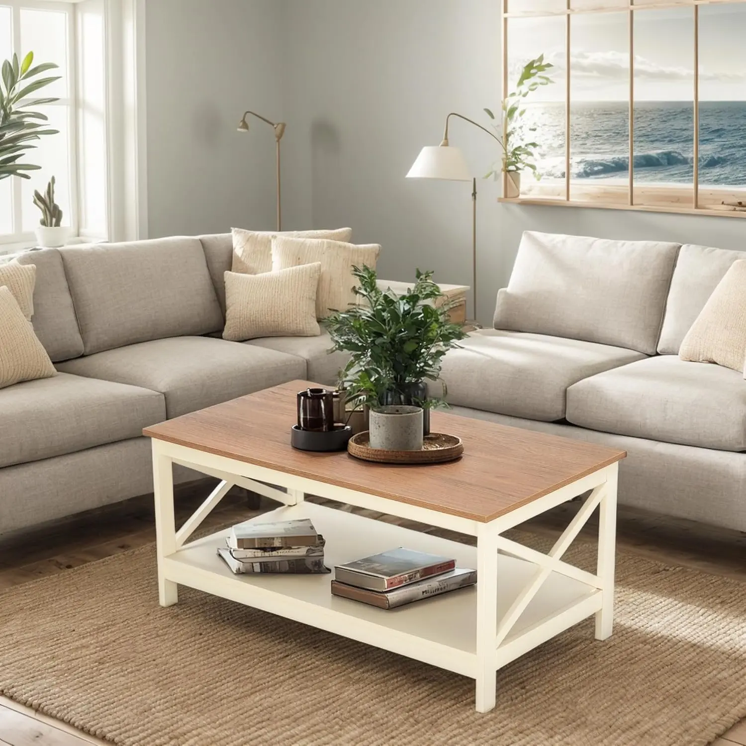 PHIVILLA Farmhouse Coffee Table 39'', 2-Tier Coffee Table Set with Storage for Living Room, X-Frame Design Rustic Center Table, Easy Assembly, Ivory White