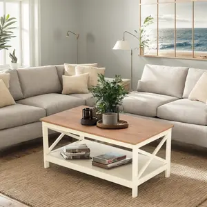 Phivilla Farmhouse Coffee Table 39'', 2-Tier Coffee Table Set with Storage for Living Room, X-Frame Design Rustic Center Table, Easy Assembly, Ivory White