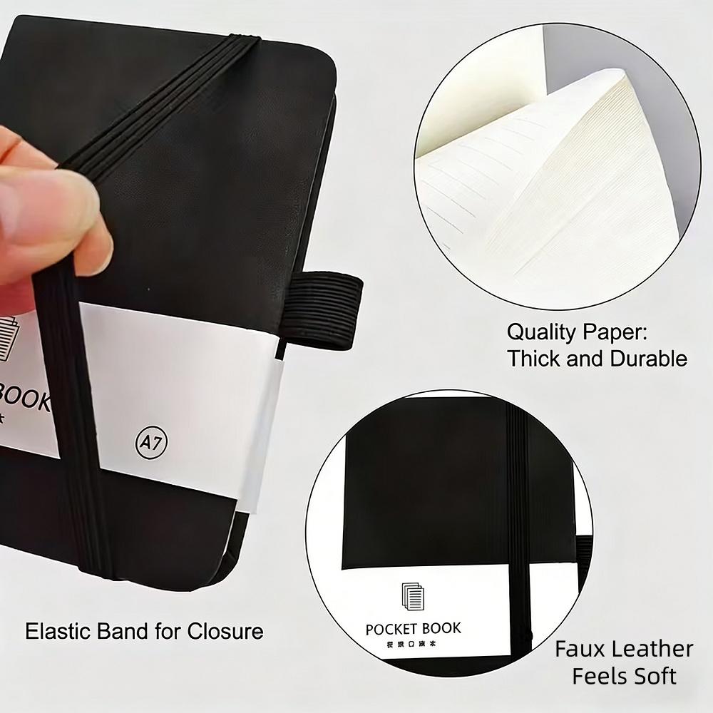 2PCS  Portable A7 Pocket Notebook, 200 Pages Small Pocket Journal, Faux Leather Mini Notebook with Elastic Closure, Pen Holder, Bookmark, for Travel, Office, School, Notes, Journaling & Everyday Use
