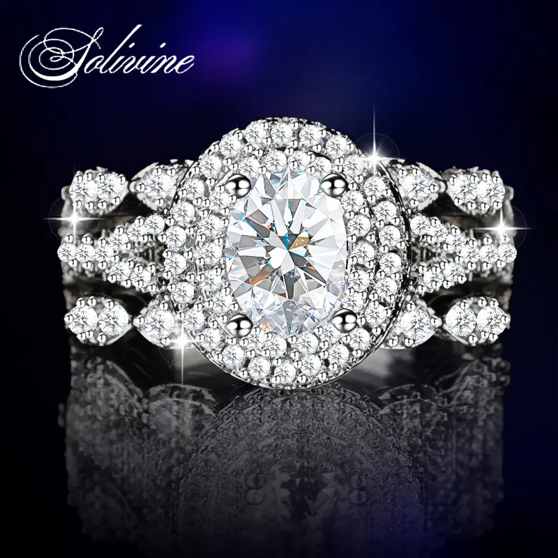 SOLIVINE 3CT Oval Cut Halo Ring – 925 Silver Jewelry, Sparkling 5A Cubic Zirconia Cluster Design, Vintage Style Engagment Ring for Women, Perfect for