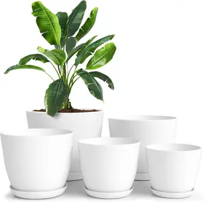 Utopia Home 5-Pack Indoor Plant Pots – White Plastic Planters with Drainage Holes, Modern Flower Pots for Home & Office Décor (4.8–7 Inch)