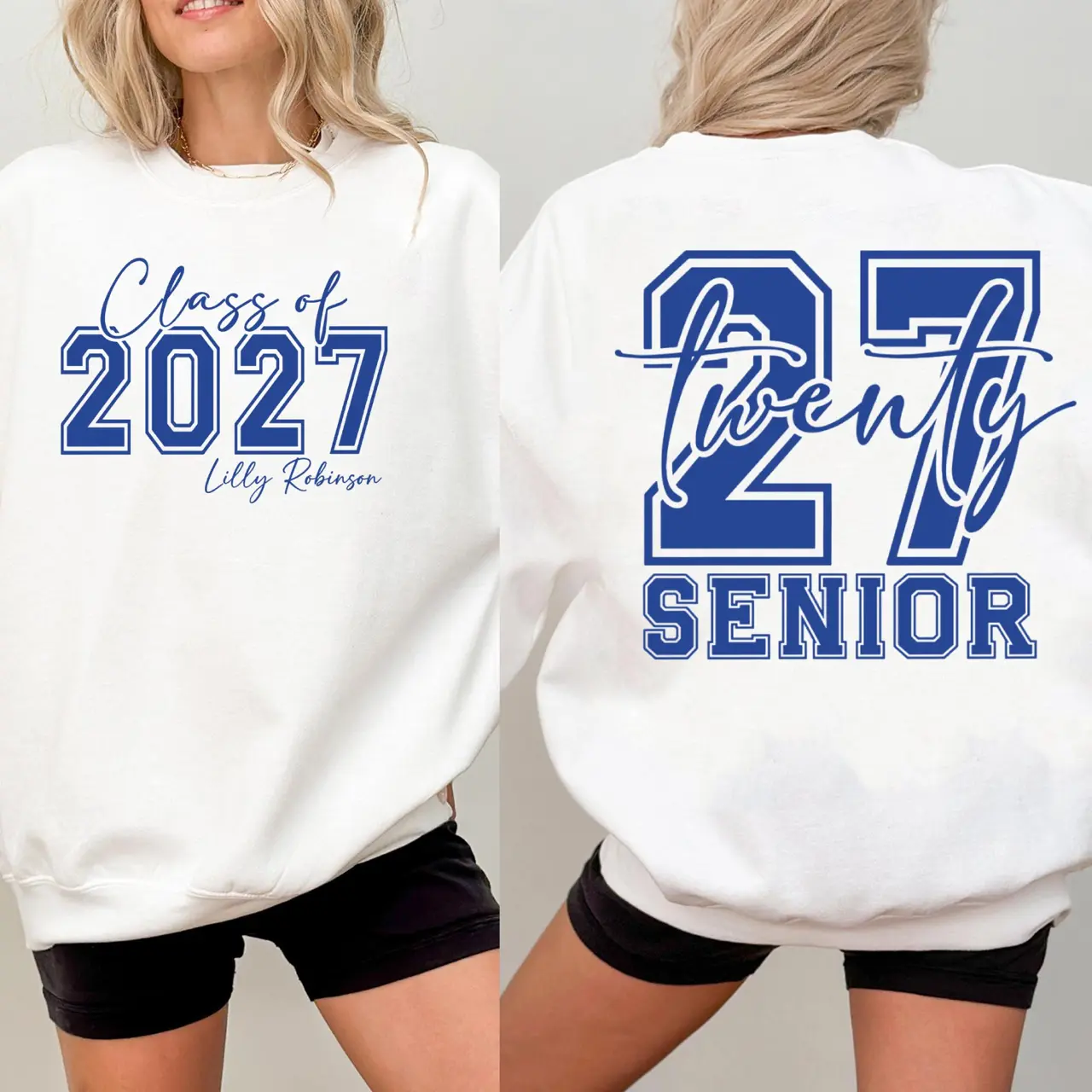 Personalized Class of 2027 Senior Sweatshirt Hoodie & T-shirt, Custom Name Front and Back Print, Graduation Crewneck, High School Senior Gift, Grad Year 2027 Outfit ( leave custom name in the "Customer Note" section or you can also choose no custom )