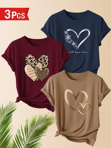 Women's Casual Leopard Print Heart Pattern T-Shirt, Polyester Round Neck Short Sleeve, Comfortable for Spring Summer, Womenswear