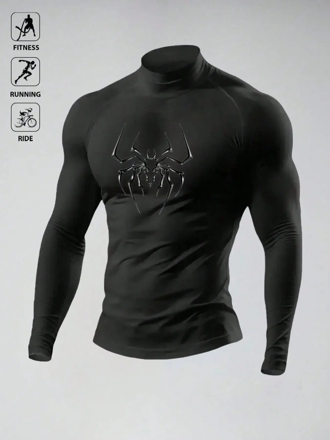 Men's Compression Workout Rash Guard, High Neck Long Sleeve, Spider Graphic, 4-Way Stretch, Quick Dry, Ideal for Fitness, Running, Riding, Training Shirt