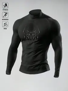 Men's Compression Rash Guard, High Neck Long Sleeve, Spider Graphic, 4-Way Stretch, Quick Dry, Ideal for Fitness, Running, Riding, Gymwear