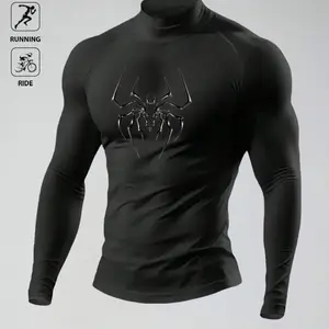 Men's Compression Rash Guard, High Neck Long Sleeve, Spider Graphic, 4-Way Stretch, Quick Dry, Ideal for Fitness, Running, Riding