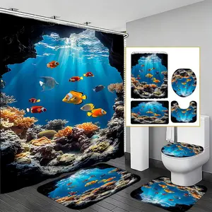 Deep Sea Coral Fish Bathroom Set, Waterproof Shower Curtain, Toilet Mat, Floor Mat, 3D Underwater World, Tropical Fish Decor, Bath Accessories, Shower Curtain Sets