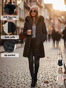 women's winter hooded cotton jacket with zipper pockets, comfortable faux fur collar, windproof warm casual fashion coat