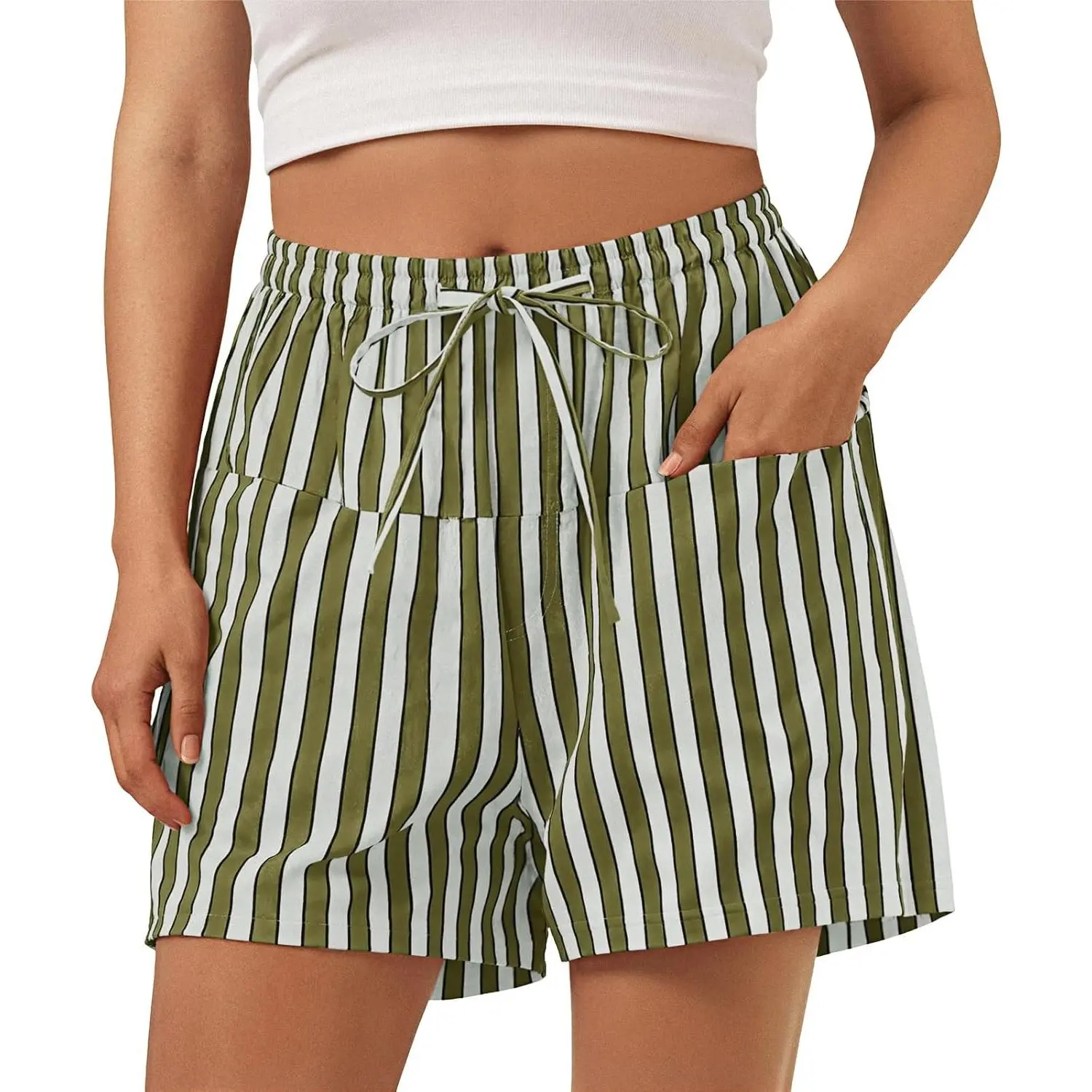 Aoysky Women's Striped High-Waisted Adjustable Drawstring Effortless Boxer Shorts - Color Block Beachy Casual Summer Bottoms with Pockets, Effortless Shorts, Adjustable Drawstring Shorts