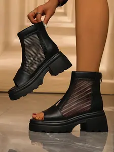 Mesh Thick Sole Open-Toe Short Boots, Chunky Heel Hollow Out Back Zip Sandals, Comfortable Breathable Streetwear Daily Wear Shoes