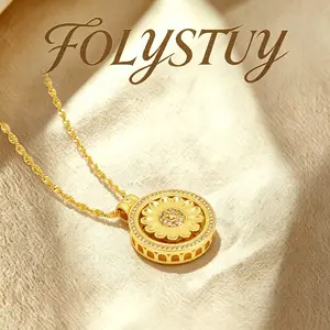 [The necklace is 17.7 inches long] 【FOLYSTUY (Y155)】Sunflower Sunshine-style unisex necklace with a rotating compass and sunflower, versatile casual pendant