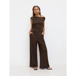 Cider Texture Asymmetrical Neck Ruched Top & Mid Rise Elastic Waist Straight Leg Trousers Set