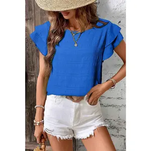 Matteobenni Women's Dark Blue Textured Ruffled-Sleeve Round Neck Fitted Blouse - Feminine Casual Basic Top with Flattering Fit, Comfortable Fabric, and shortsleeve Option for Womenswear Shirts