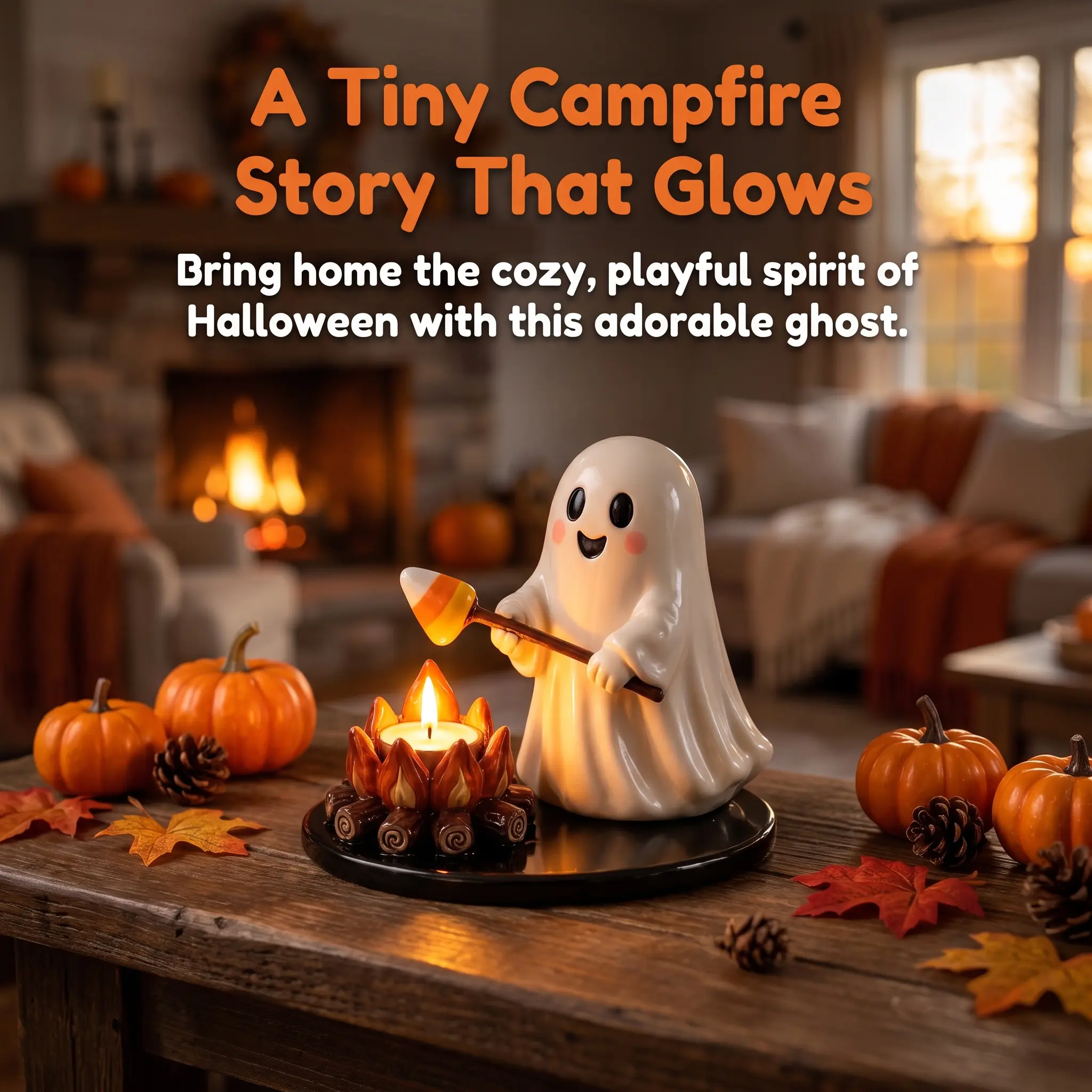 Halloween Ghost Campfire Tealight Candle Holder Cute Ghost Figurine Resin Tabletop Ornament Decor for Home Shelf Mantel Halloween Party Display