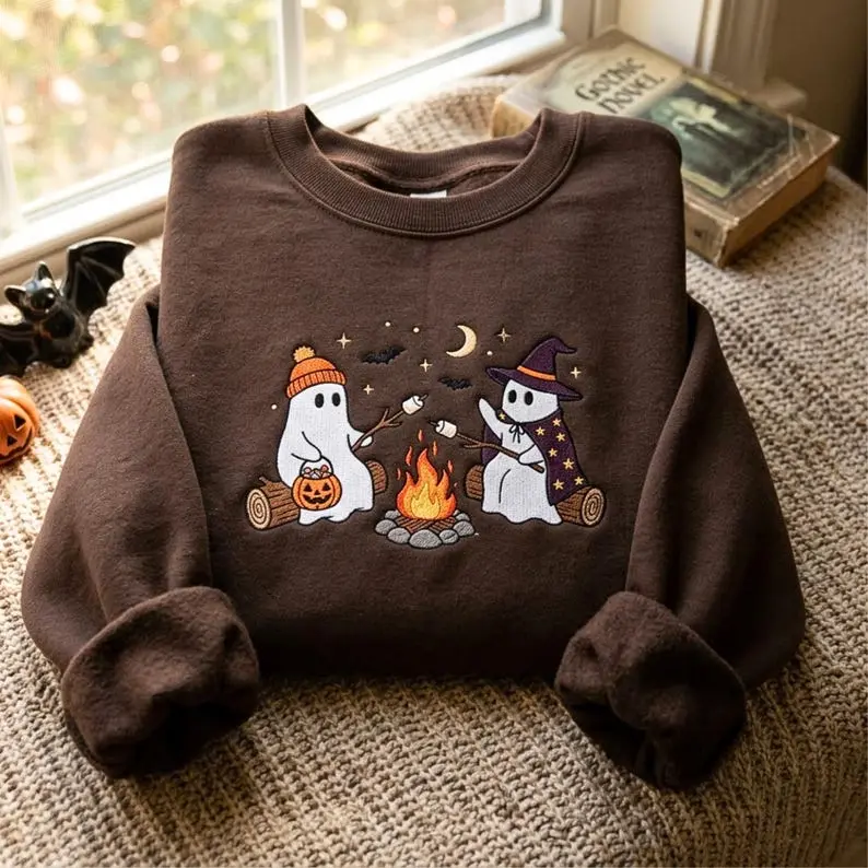 Embroidered Ghost Campfire Sweatshirt, Hoodie: Cozy Season Shirt, Halloween Season Shirt