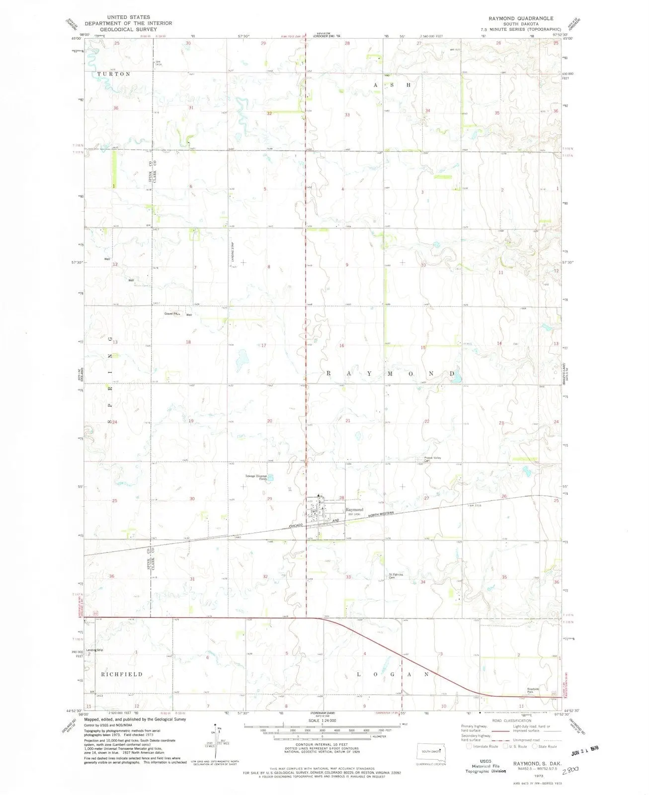 Raymond South Dakota USGS Topographic Quadrangle Map, 1973, 1:24000