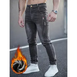 Men's Slim Fit Fleece Lined Jeans with Embroidered Lettering, Autumn Winter Warm Stretch Denim, Pockets, Beige Fabric, Plain Design Pants Cotton Casual Menswear