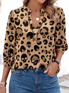 Chic Petal Edgy Leopard & Skull Print Blouse Rockstar Chic Pearl Button Top Unique Boho V-Neck 3/4 Sleeve Shirt Womenswear Casual