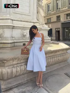 Casual Midi A-Line Dress, Sleeveless Striped Neckline Dress for Summer Vacation and Relaxed Style, Fitted Fashion for Women, Casual Wear, Womenswear, Casual Elegant Dresses