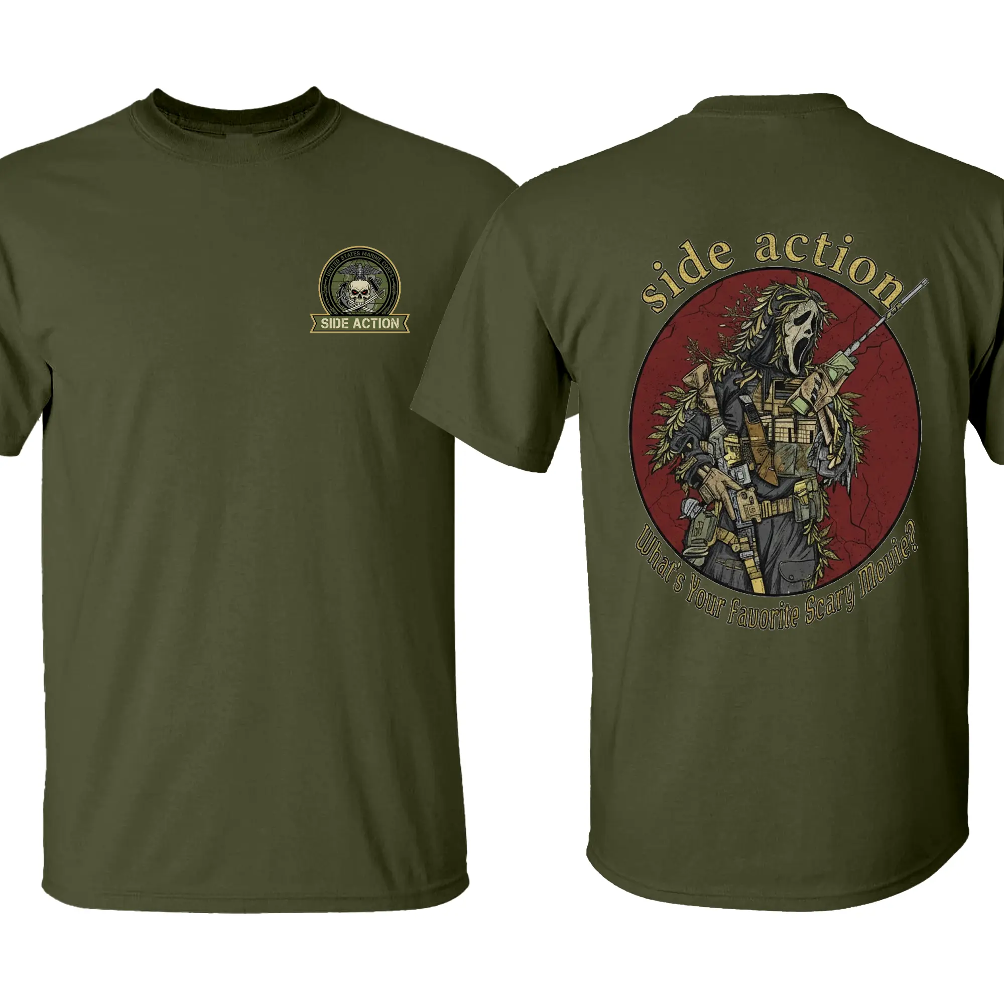 Ghostface What's Your Favorite Scary Movie Side Action Tee, Patriotic Military Graphic Tee, Perfect Gift for Veterans and Soldiers, Unisex Cotton Short Sleeve Shirt for Daily Wear, Outdoor Activities & Casual Street Style