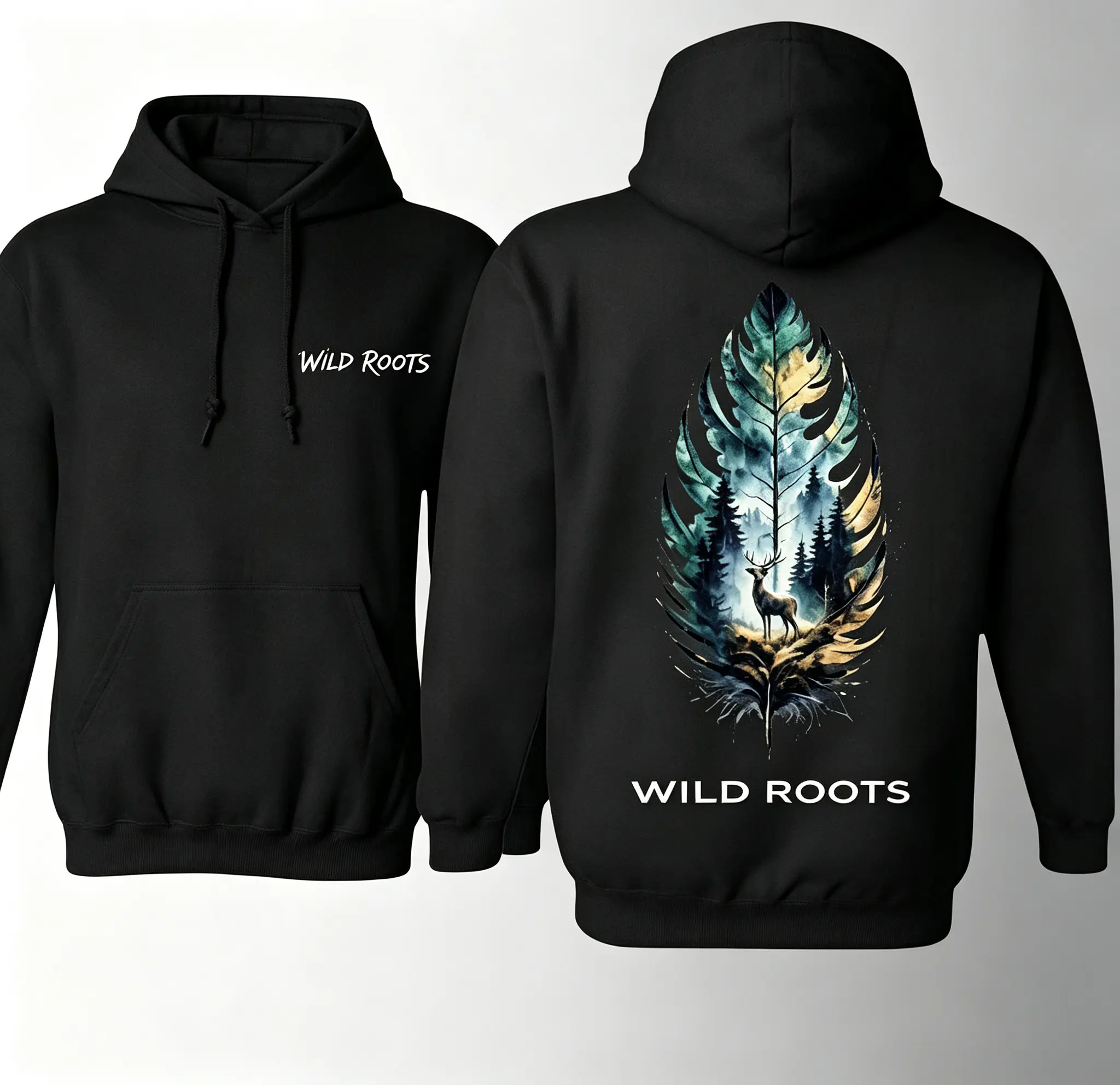 Menswear Long Sleeve Casual Vortex Hoodie - Unisex Warm Fleece Pullover with Feather Forest Deer Graphic, Outdoor Nature Style, Hunting Camping Gift, Outdoors