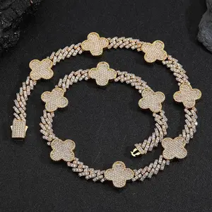 Spring Clasp Clover CZ Stone Cuban Link Necklace for Men - Luxury Jewelry Accessory