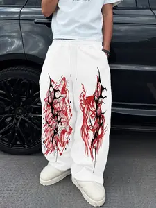Men's Casual Sporty Long Pants, Wolf & Monster Pattern Print, Loose Fit Comfortable Sweatpants, Drawstring Wide Leg, All Seasons Wear