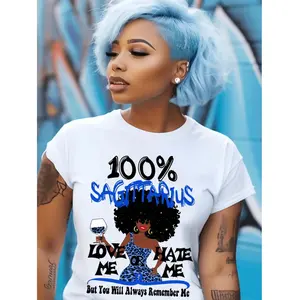 Women'S Sagittarius Zodiac T-Shirt, 100% Polyester, Short Sleeve Crew Neck, Casual Leopard & Letter Print Top, Knit Fabric, Slight Stretch, Regular Length, All-Season Wear