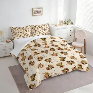 Highland Cow Floral Print Comforter Set, Soft Microfiber Bedding Set with Pillowcases, Cute Cow Quilt for Bedroom, Boho Farmhouse Duvet Cover for Kids Adults