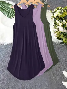 Women's Casual Loose-Fitting Sleeveless Dress Set, Spring Summer Four Seasons Basic Round Neck Plain Sleepwear Loungewear, Comfortable Plus Size Clothing Nightdress Pj