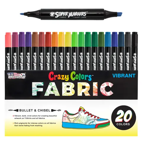 Super Markers 20 Vibrant Dual Tip Fabric Markers - Fine & Chisel Point Pens Fabric Marker Permanent for Clothes, T-Shirts - Permanent Ink Eye-Catching Vibrant & Bold Colors