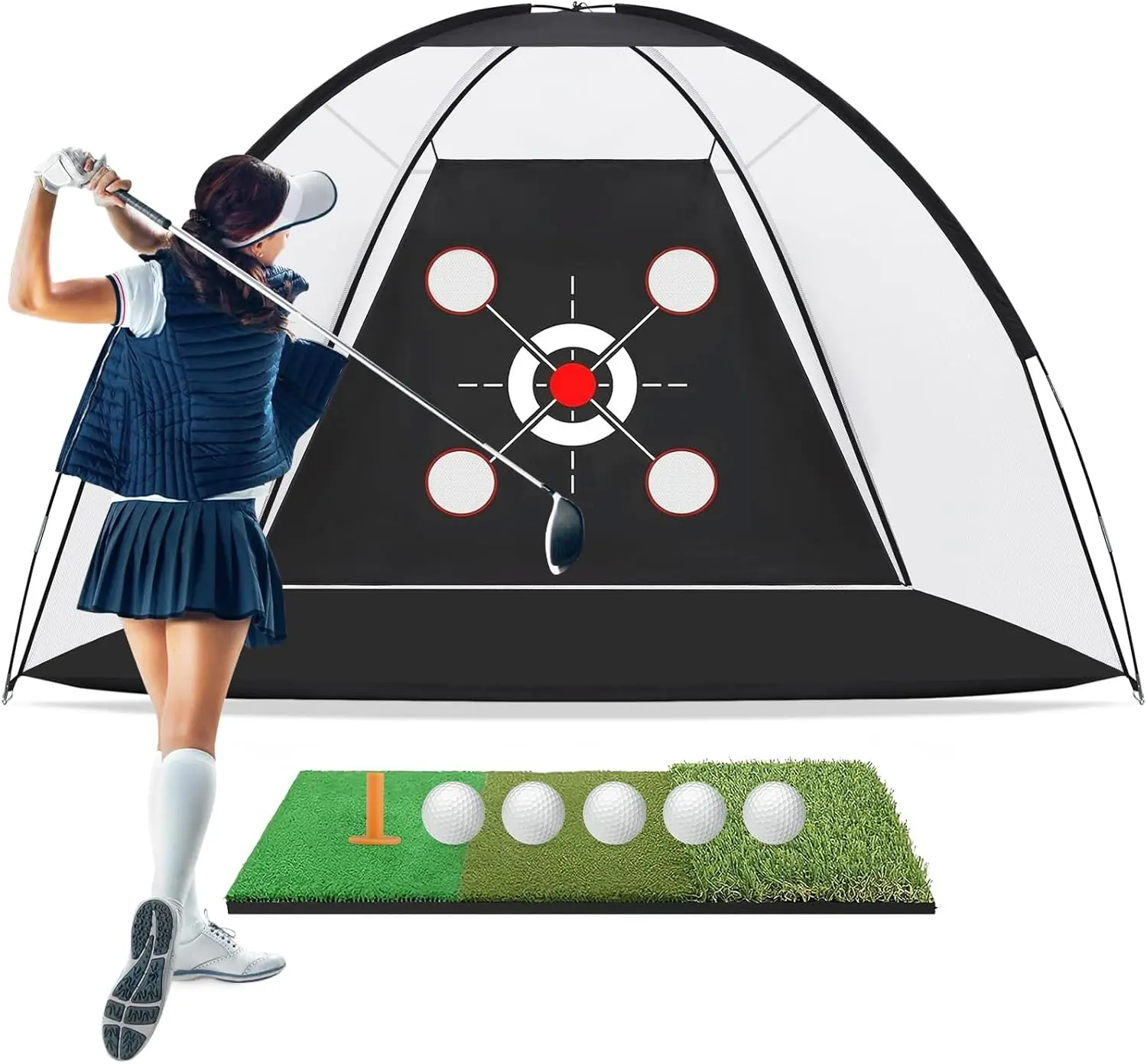 Golf Net 10x7FT with 0.45-inch Thick Reinforced Fiberglass, 270g High-Density Nylon, Golf Practice Mat & Central Bullseye Target - Hitting Aid for Backyard Driving Chipping Swing Training, Gifts for Fathers/Husbands, Adults
