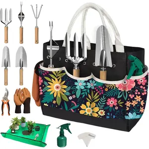 22 count Gardening Tools Set for Women Heavy Duty Garden Hand Tool Kit Garden Gifts for Mothers Day Mom Beginner Gardening Accessories with Tote Bag/Shovel/Repotting Mat/ Labels/Gloves-Black