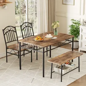 Dining Table Set for 4, 4 Person Kitchen Table with 2-Person Bench and 2 High Back Chairs, Small Kitchen Table Set with Metal Frame & Storage Rack, Space Saving Compact Dining Furniture for Kitchen, Dining Room and Small Apartment Daily Use