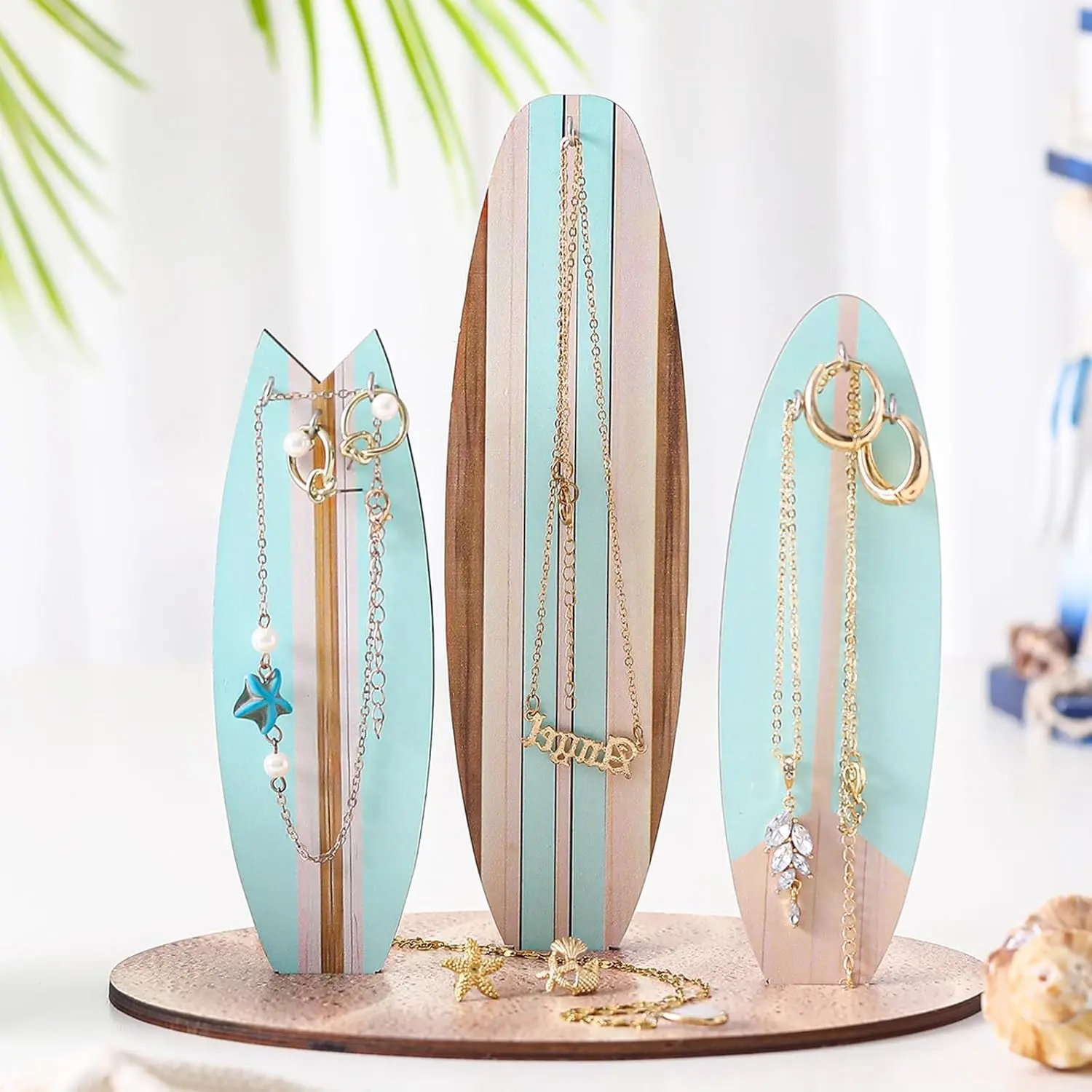 Jewelry Organizer Stand, Coastal Christmas Surfboard Decor, Preppy Beach Room Decor, Wooden Hawaii Surfer Gift, Teen Girl Room Decoration(Blue)