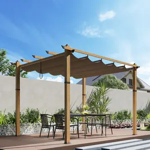 10' X 13' Retractable Pergola Canopy with Natural Wood Like Frame for Backyards, Gardens, Patios, Outdoor Pergola with Sun Shade Canopy