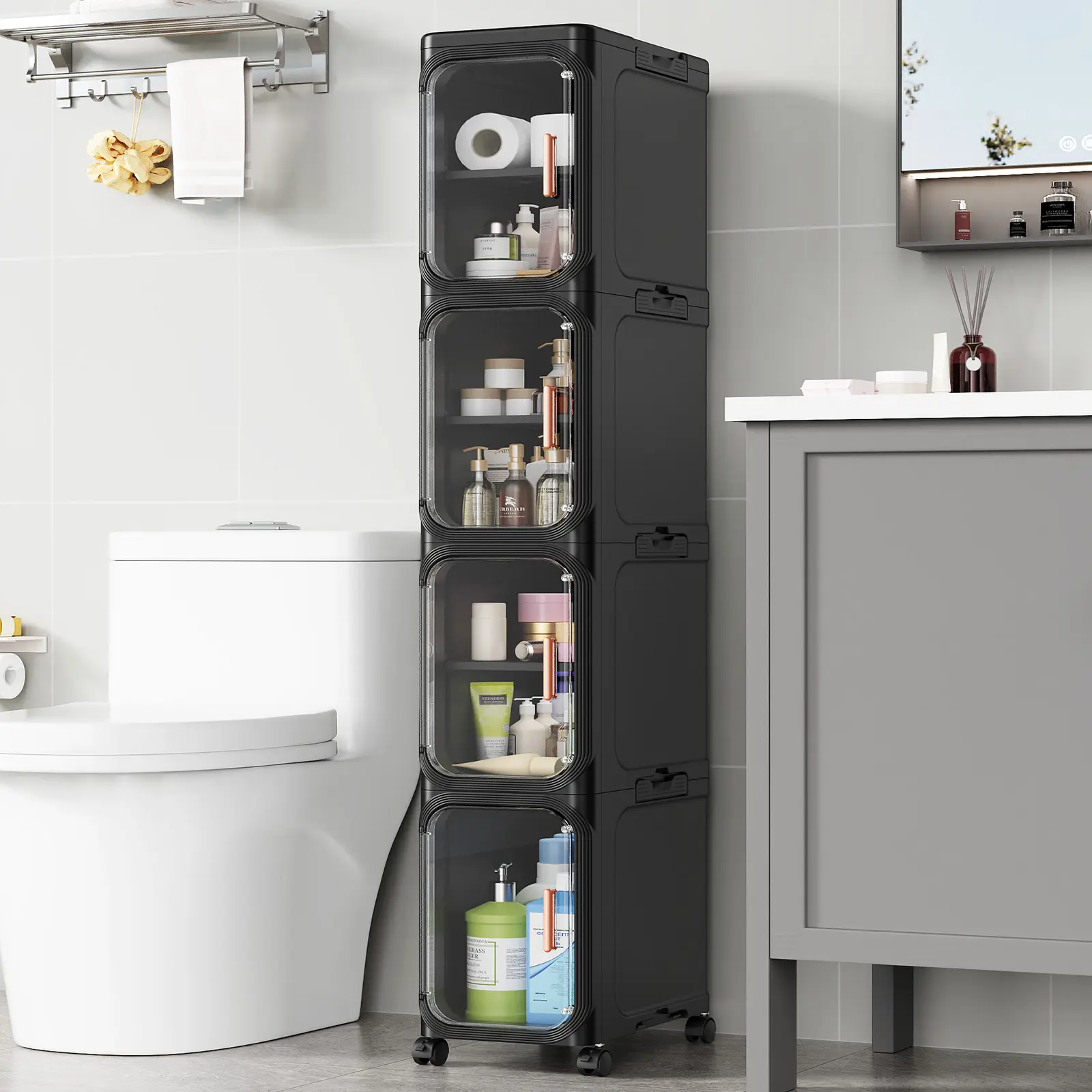 BROVIEW N9 3-Tier/4-Tier Slim Bathroom Storage Cabinet, Foldable Narrow Bathroom Cabinet Organizer for Small Spaces, Adjustable Fridge & Vanity Gap Storage, Easy Move