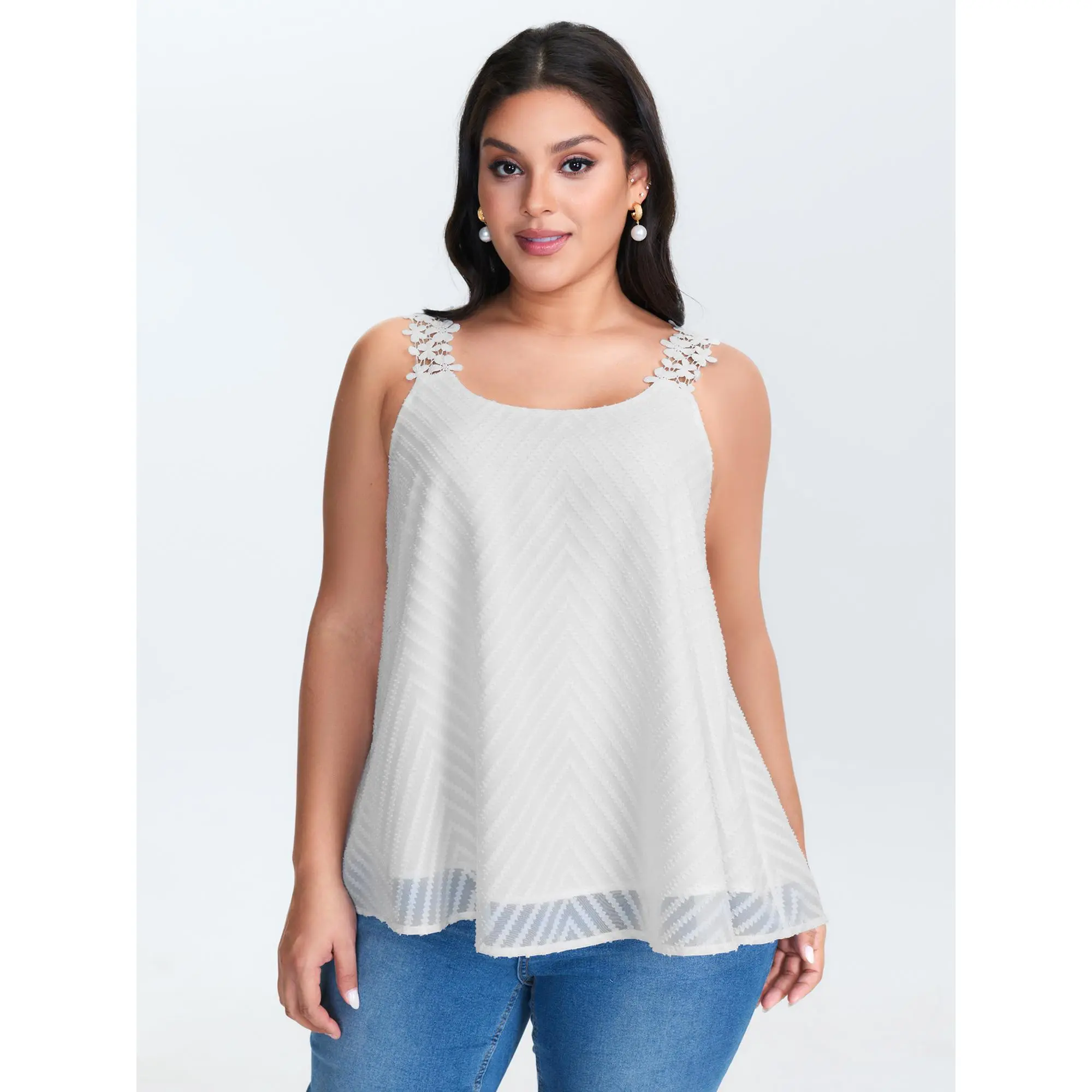 BLOOMCHIC Women's Plus Size Sleeveless Lace Trim Flowy Tank Top - Optic White, Smooth Polyester, Patchwork, Loose Easy Fit, Lace-Edge Charm, Easy Tank for Brunch Beach Errands, 2026 Summer Casual Pick, Garment, Fabric, Low Iron, U-Neck, See-Through, Sleev