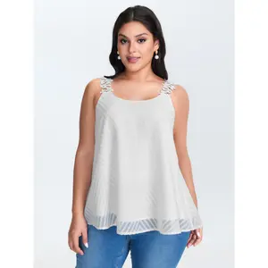 BLOOMCHIC Women's Plus Size Lace Trim Flowy Tank Top - Smooth Fabric Patchwork Design Comfortable Fit Casual 2026 Summer Pick for Lady Plus Size Clothes Polyester Womenswear 2026 Summer Vibes Swimweek