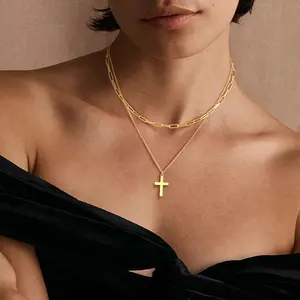Rotnso 14K Gold Plated Layering Necklaces with Cross Pendants for Women - Stylish Minimalist Design, Hypoallergenic, Double-Layered, 16+2.5 & 18+2.5 Inches