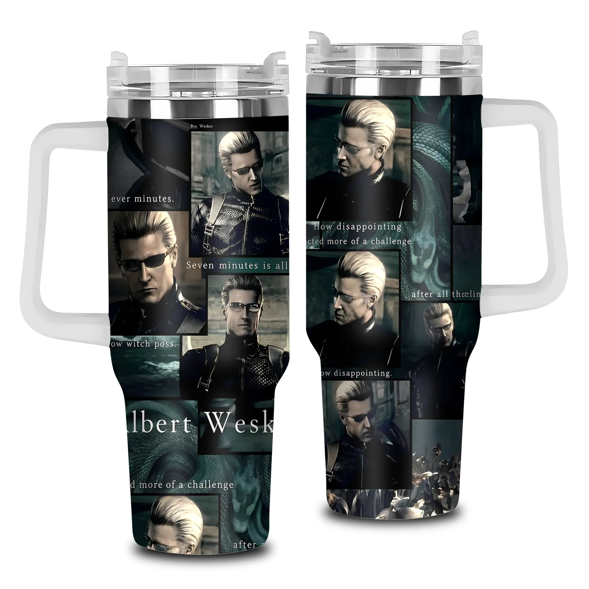 [Elysian Sip] - Albert Wesker Vintage Biohazard Villain Aesthetic 40oz & 20oz Stainless Steel Tumbler with Handle – Umbrella Corporation Insulated Mug, Fans Style Cup, Dark Retro Streetwear Design, Leakproof Travel Gift.