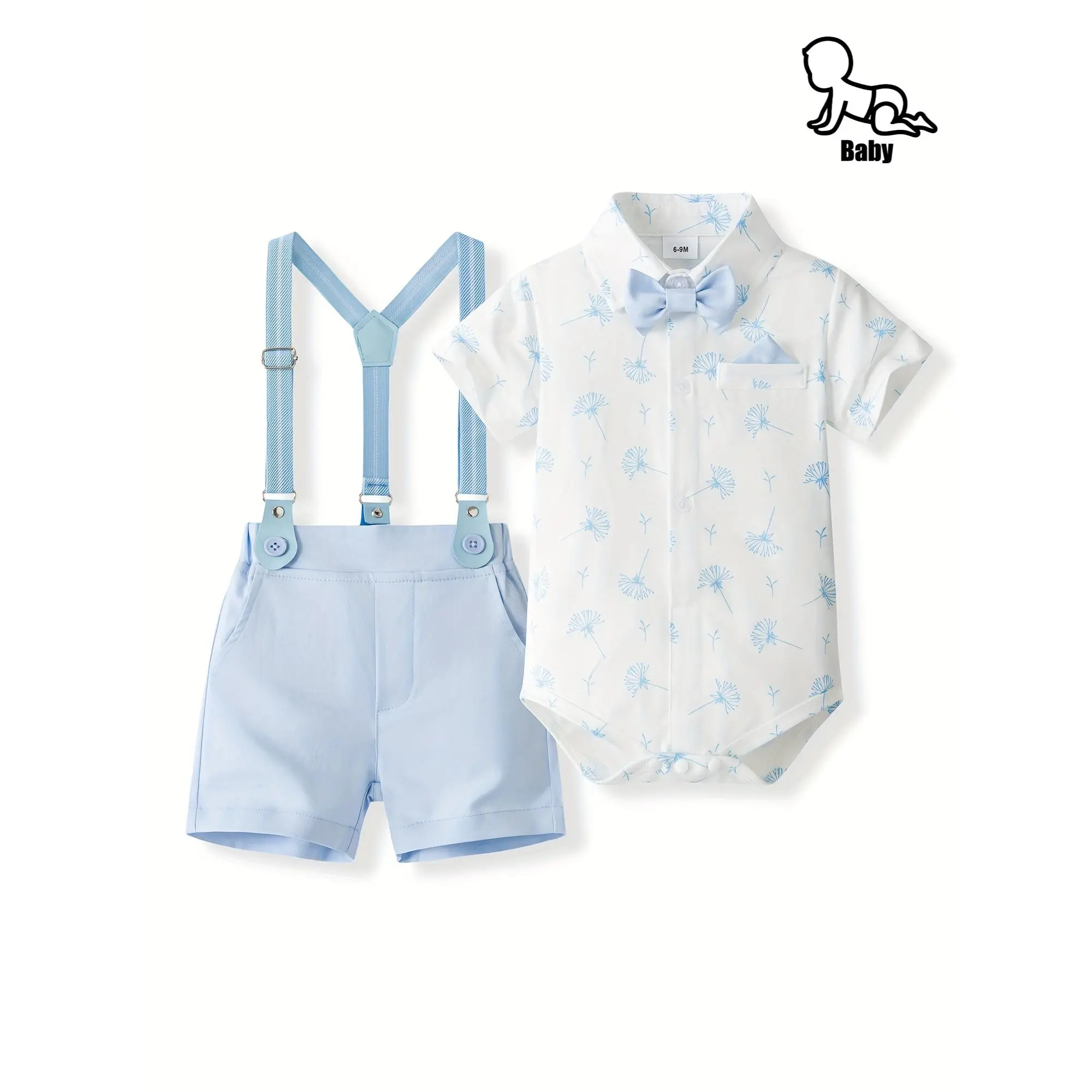 Baby's Wedding & Party Suit Set/Short Sleeve Bow Tie Outfit with Vest & Matching Shorts/Machine Washable Summer Formal Attire for Christening, Birthday, First Communion/Cute Infant Clothes