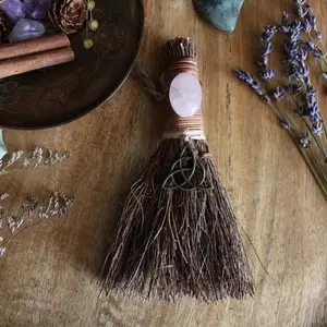 Silver Triquetra Witch's Broom, Witchy Altar Crystal Besom with Rose Quartz