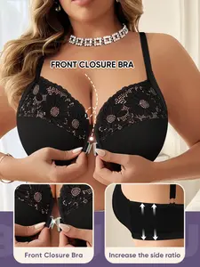 Women's Full Coverage Bra, Plus Size Lace Underwear, Soft Breathable Thin Cup, Front Hook, Elegant Sexy Design