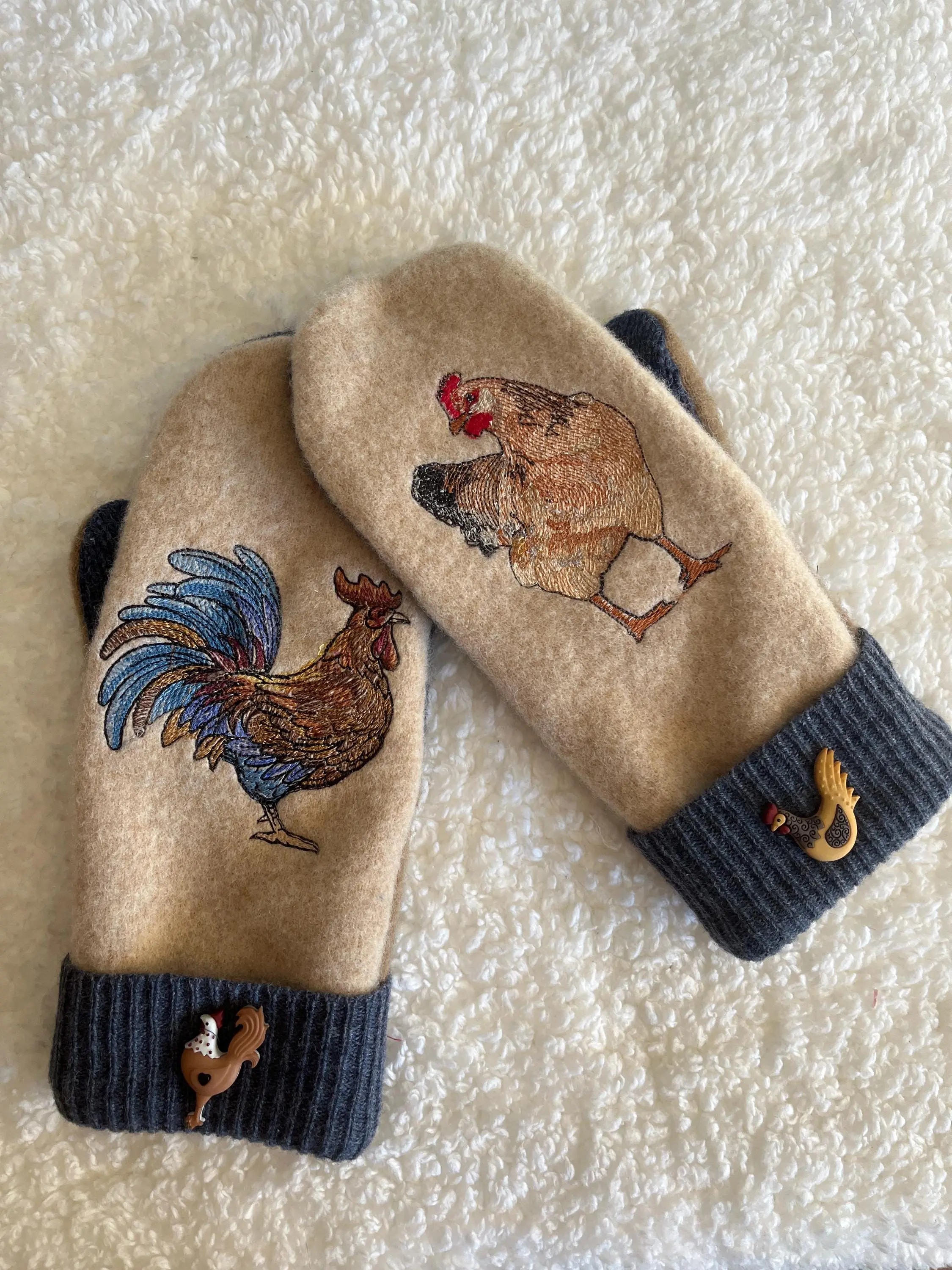 Embroidered chickens on felted wool sweater mittens
