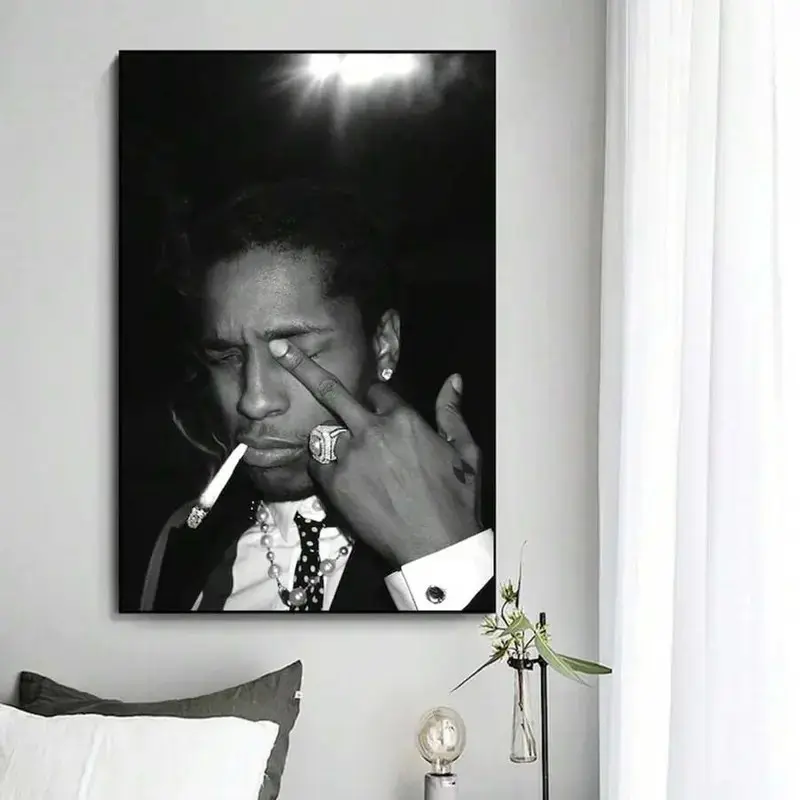 Retro Hip Hop Artist Canvas Poster B&W Rapper Aesthetic Wall Art Streetwear Room Decor Minimalist Monochrome Portrait Print Poster for Dorm Studio Bedroom Gift
