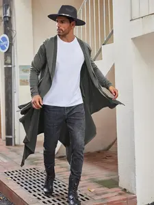 COOFANDY  B Men's Black Long Hooded Cardigan Ruffle Shawl Collar Open Front Lightweight Drape Cape with Side Pockets Casual Elastic Workwear 3/4 Length
