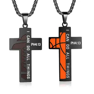 Stainless Steel Football Cross Necklace for Boys and Men, 20+2 Inch Adjustable Chain Cross Pendant, Religious Sports Jewelry Gift for First Communion Baptism Easter Basket Stuffer