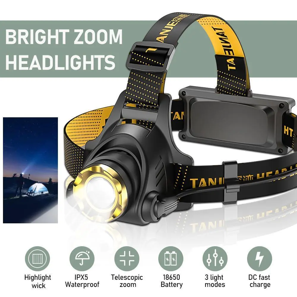 【BackToSchool】Cordless Portable Headlamp - Rechargeable LED Flashlight, 3 Modes, Zoomable Focus, Waterproof ABS Construction, USB & Car Chargers, Black & Yellow, for Outdoor Camping, Emergency Backup, Car Accessories, Head-Mounted Design, Cars Accessories