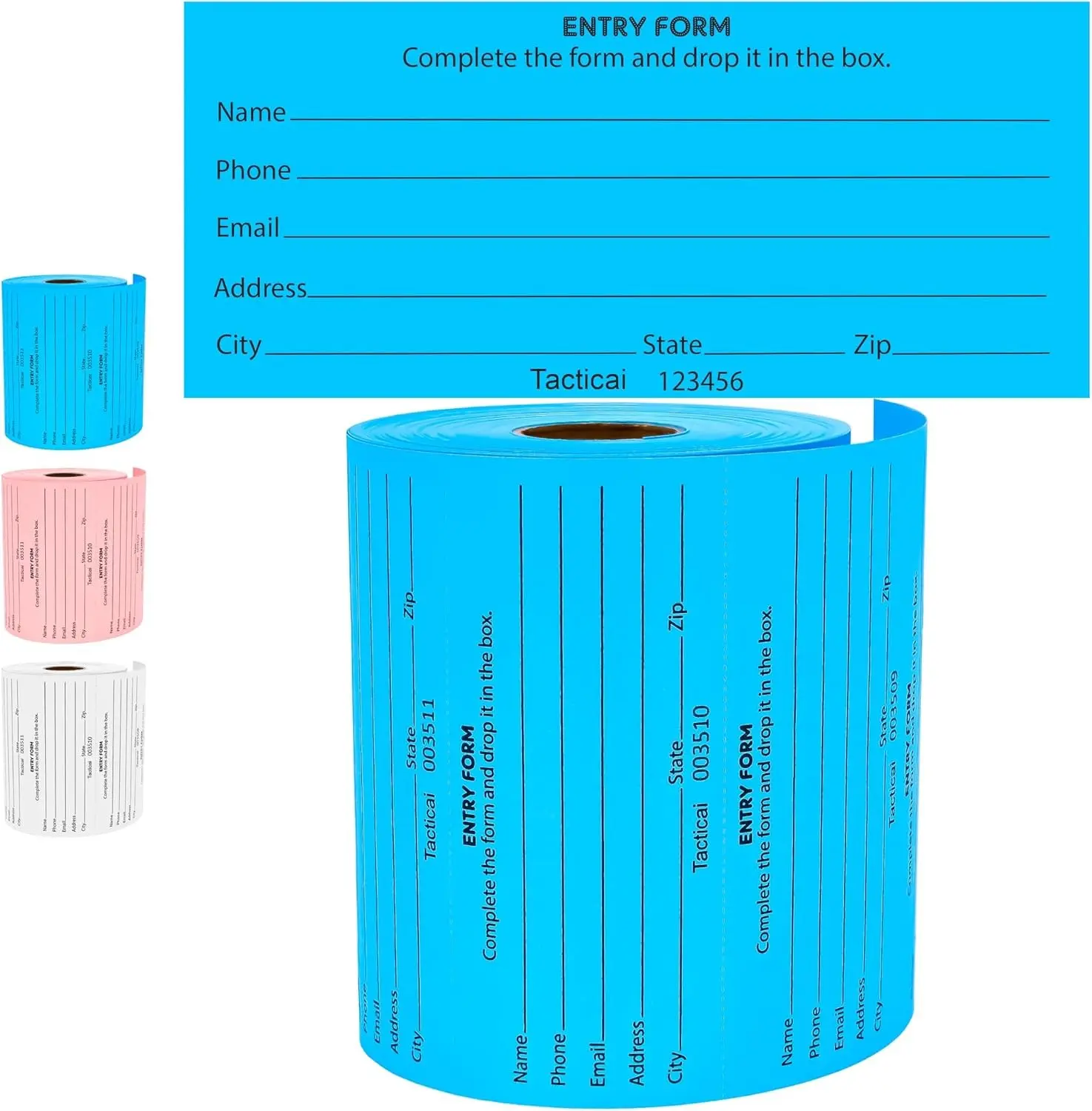 500 Raffle Tickets, Blue (1 of 3 Colors), Raffle Cards, Entry Form with Name, Phone, Email & Address for Events & Prizes